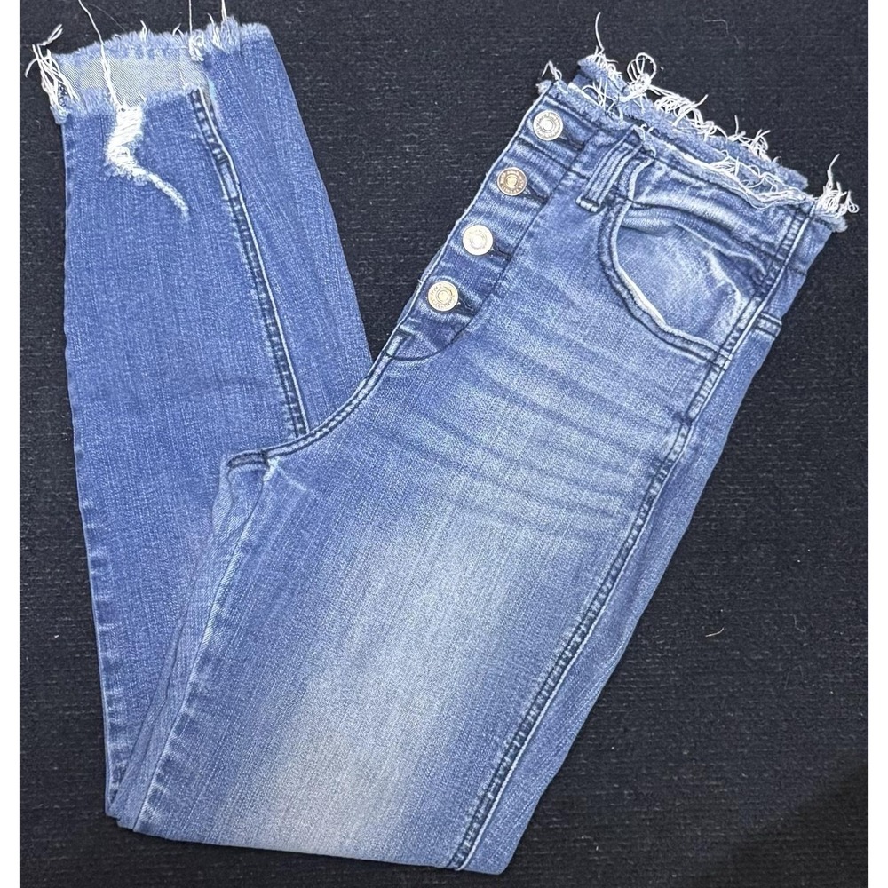 KanCan Jeans Juniors 7/27 Blue Medium Wash High Rise‎ Button Fly Distressed
